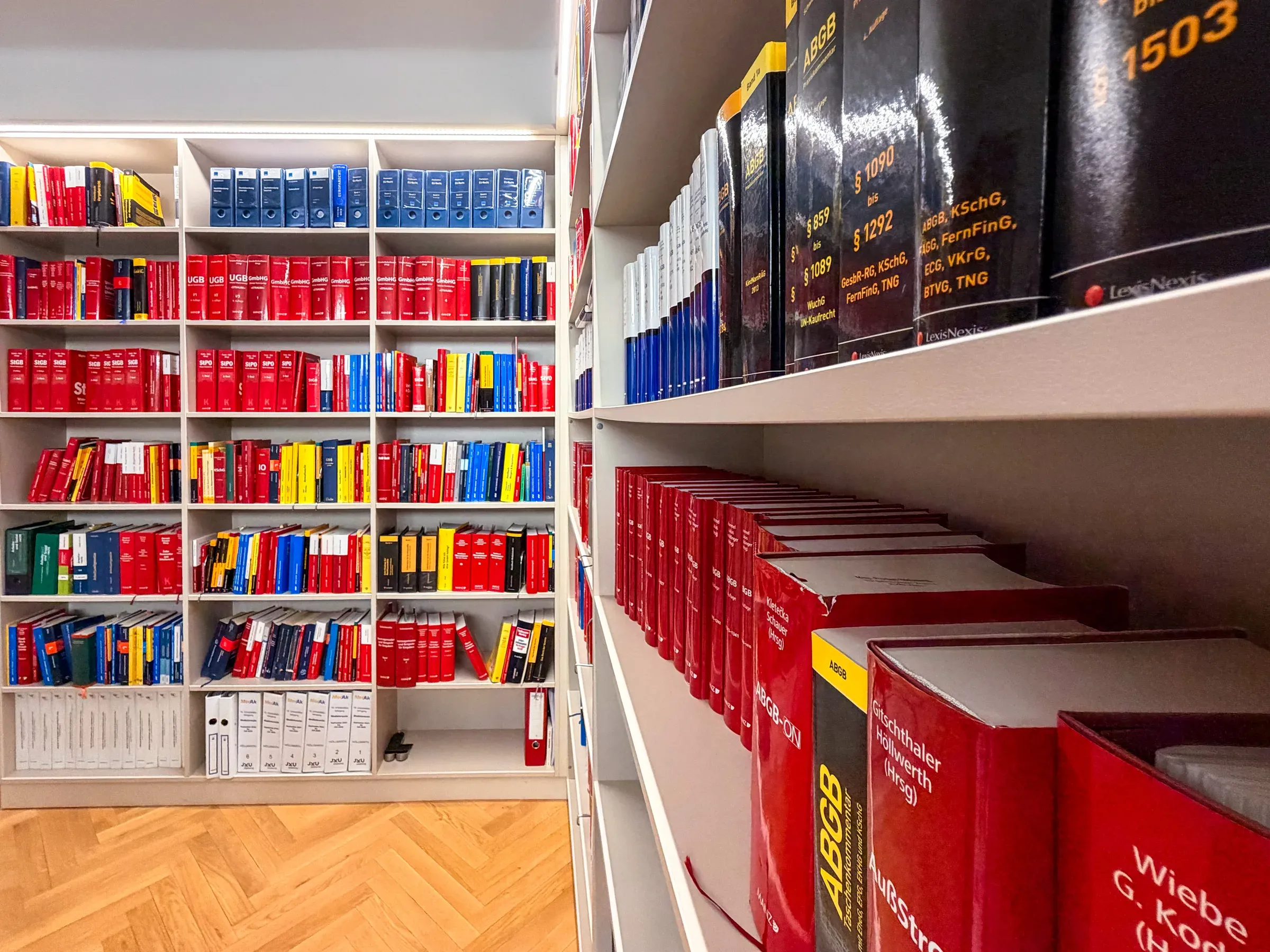 Bibliothek der Kanzlei mit Regalwänden voller Gesetzeskommentare.